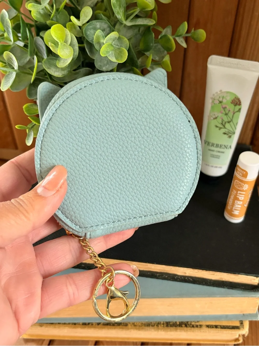 Blue Kitty Coin Purse Keychain, Mini Pouch with Lip Balm and Verbena Hand Lotion